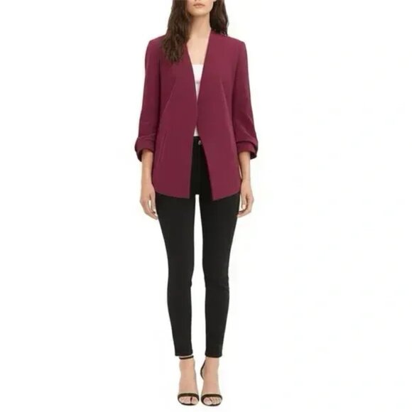 DKNY Womens Open-Front Crepe Blazer Jacket Cabernet 3/4 Sleeves Size S - Picture 2 of 3
